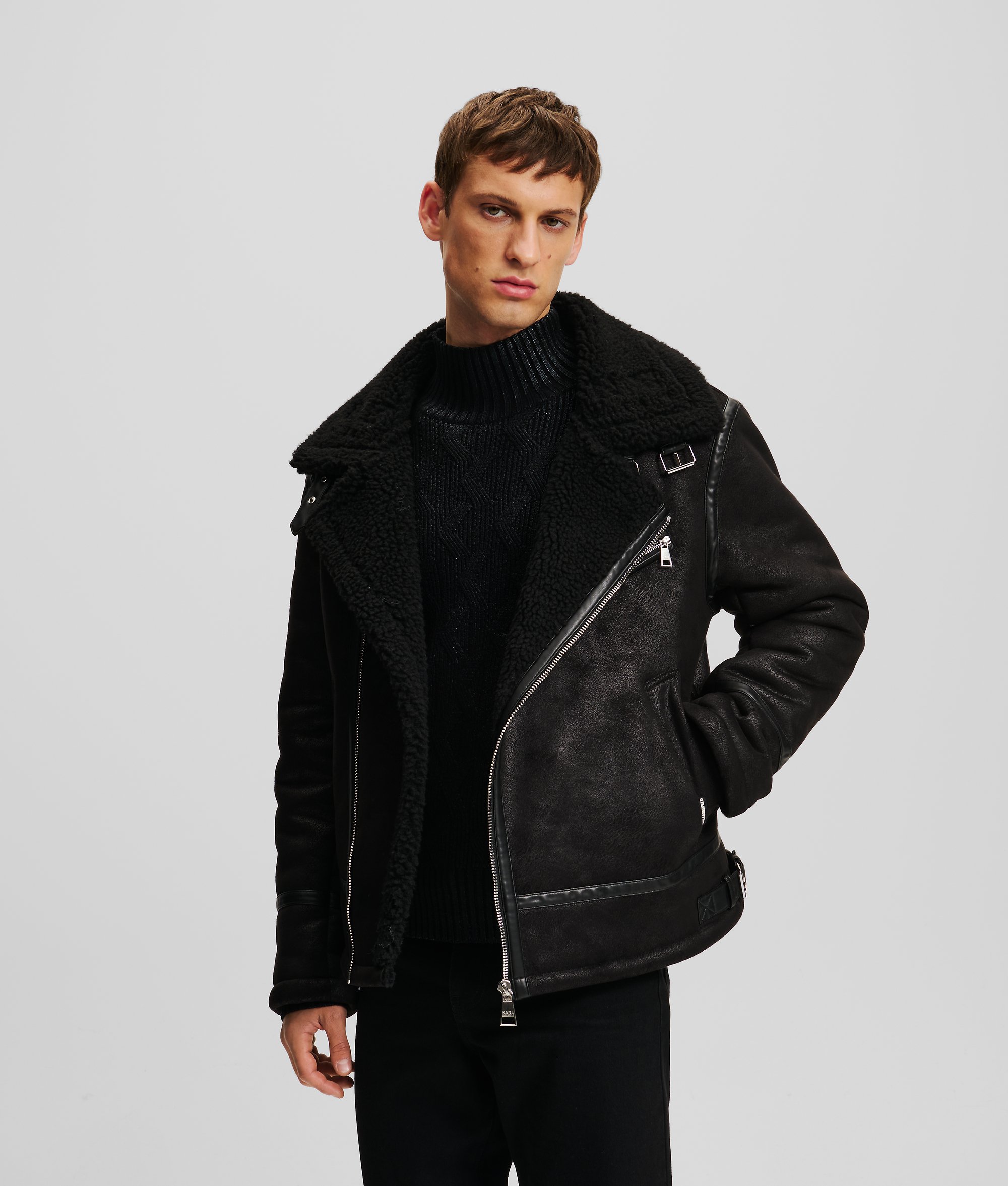 Karl Lagerfeld, Faux-suede Shearling Biker Jacket, Man, Black, Size: S