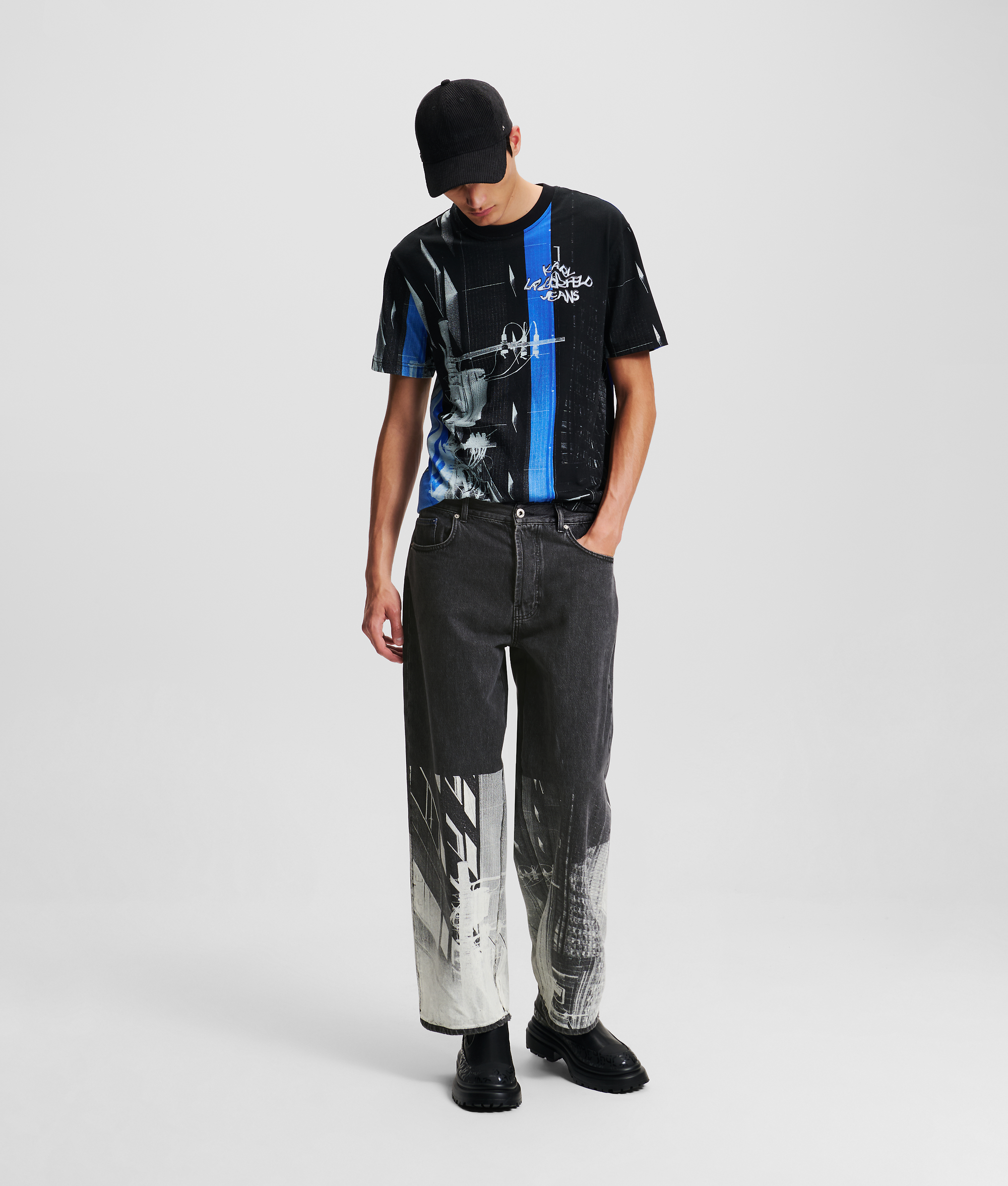 KL Jeans, Baggy Tokyo-print Jeans, Man, Rinsed Wash Black, Size: 28
