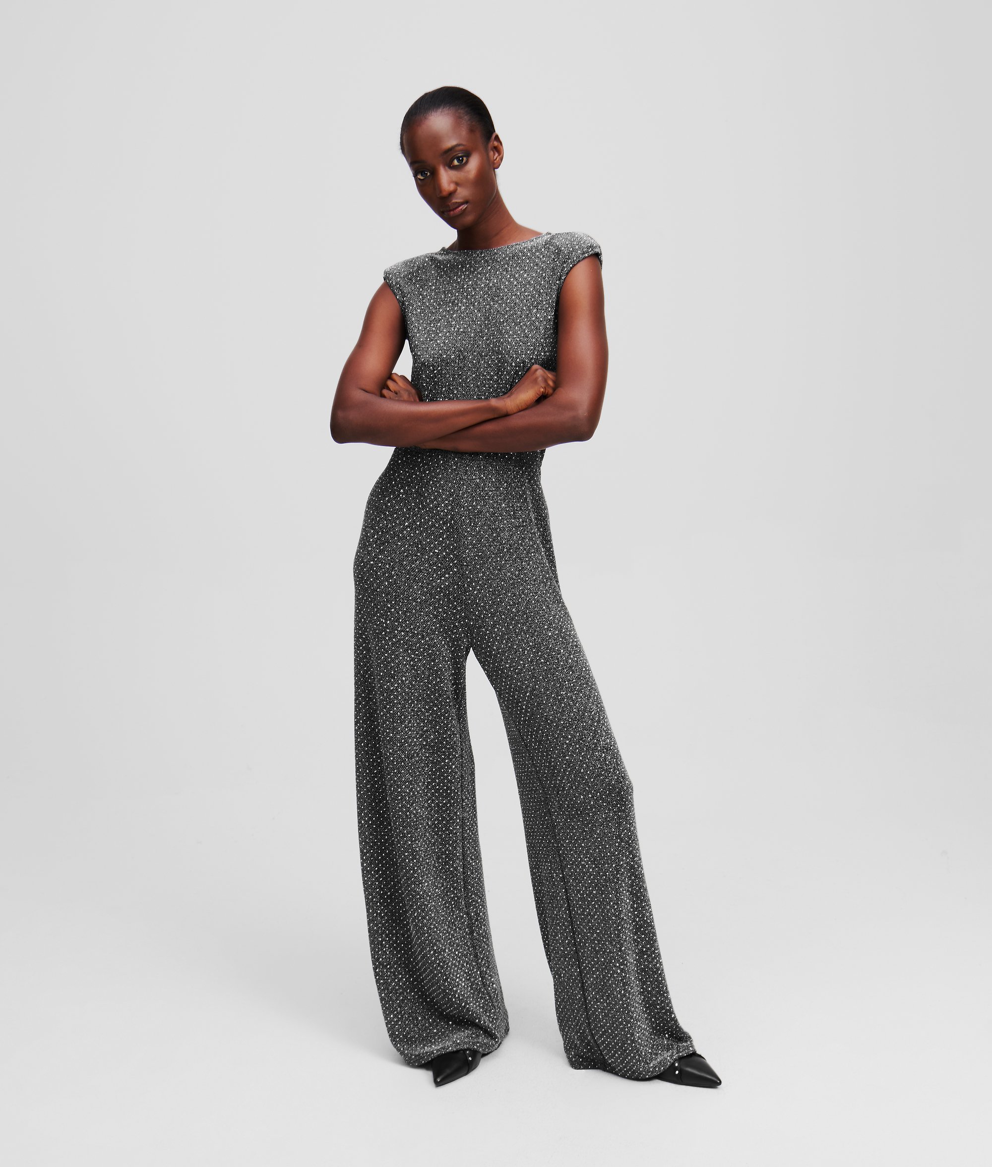 Karl Lagerfeld Jersey Rhinestone Jumpsuit In Gray