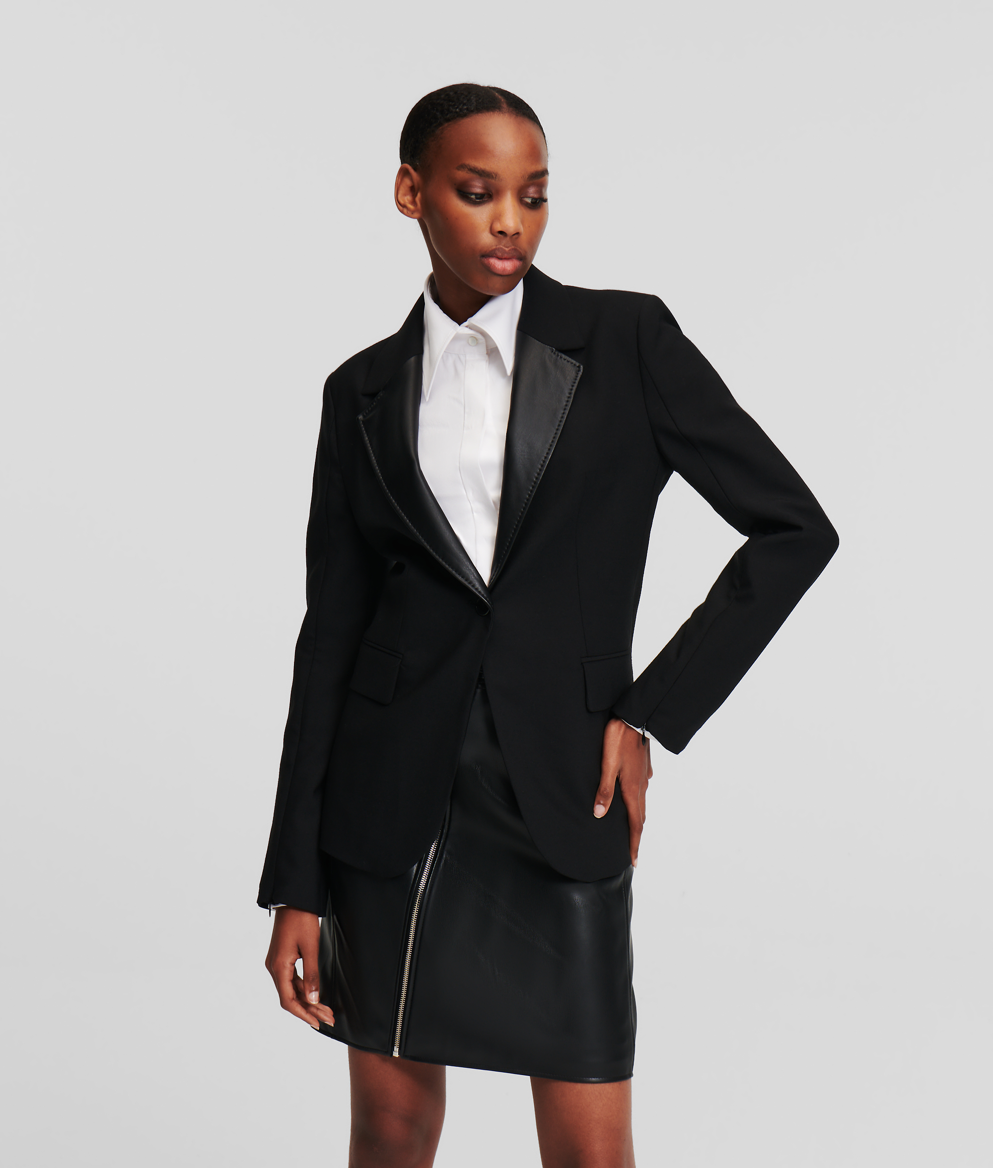 Karl Lagerfeld, Faux-leather Lapel Blazer, Woman, Black, Size: 4