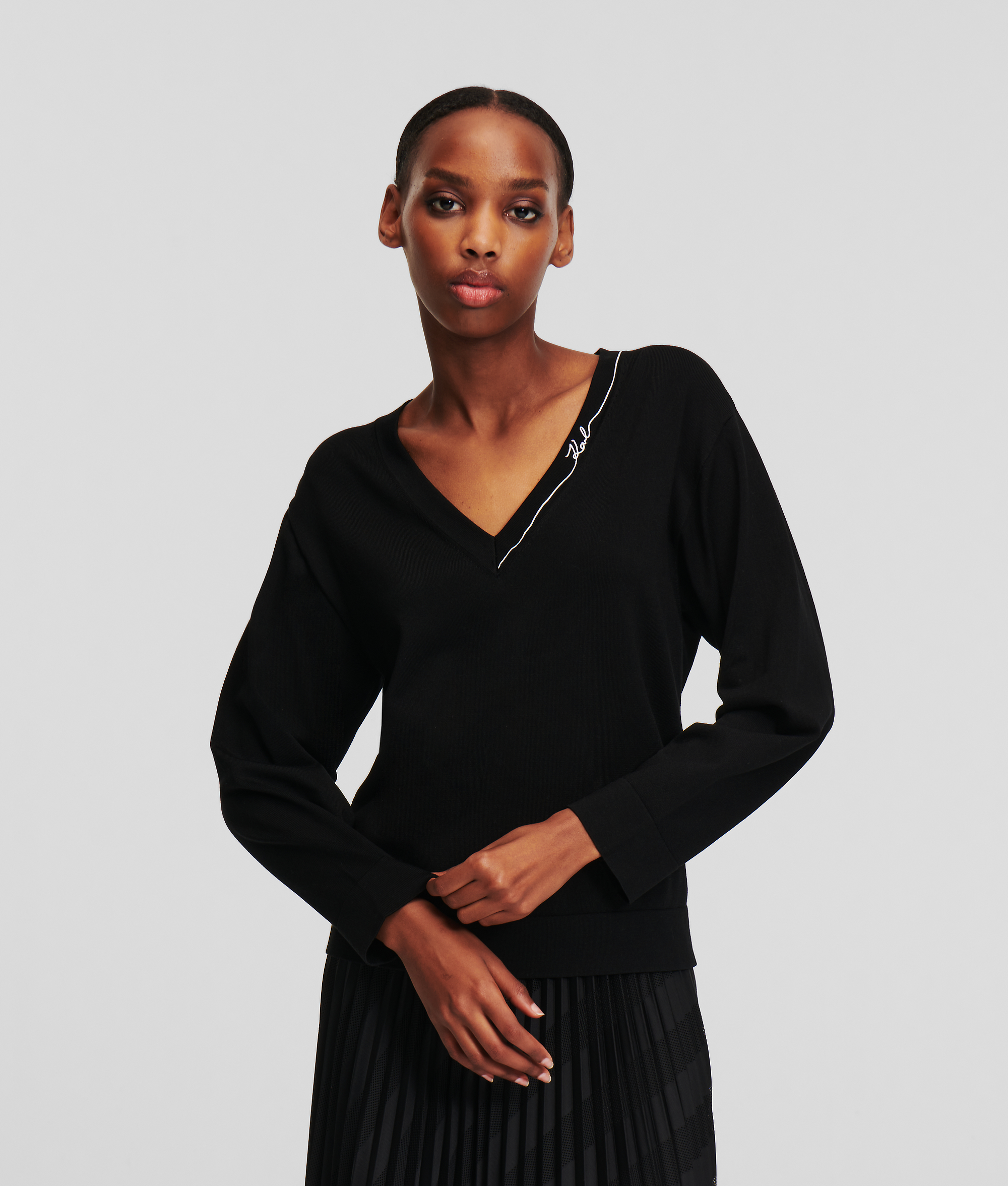 Karl Lagerfeld, Signature V-neck Sweater, Woman, Black, Size: L
