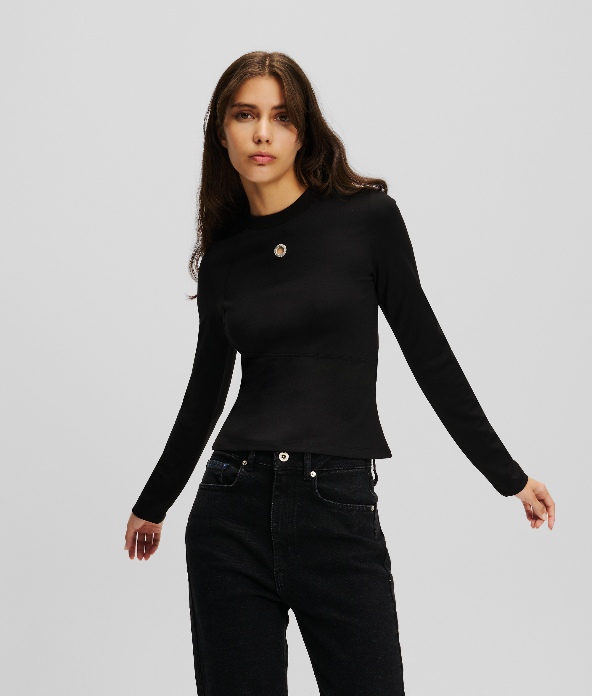KL Jeans, Long-sleeved Eyelet Top, Woman, BLACK, Size: S