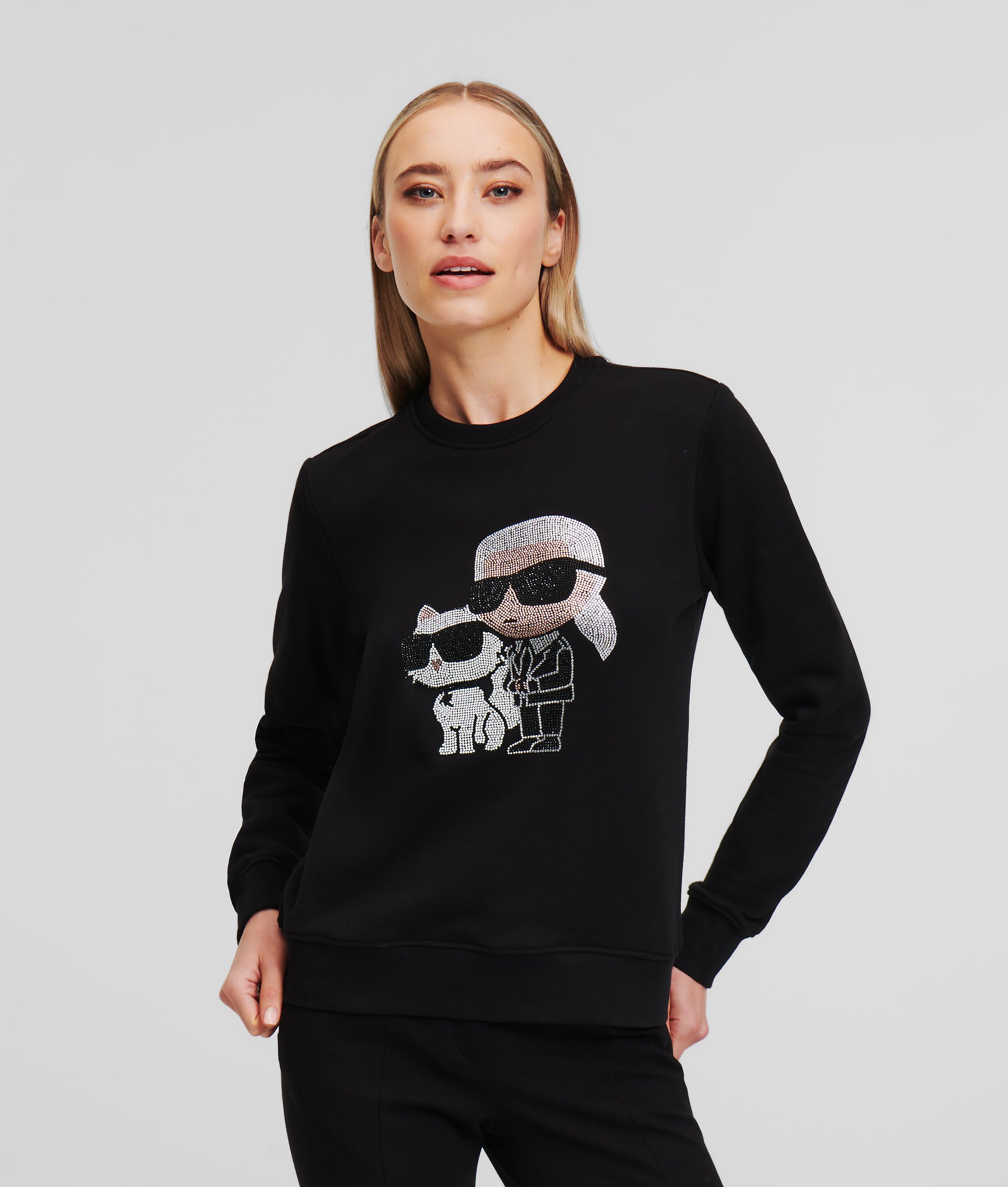 Karl Lagerfeld, Ikon Rhinestone Sweatshirt, Woman, Black, Size: XL