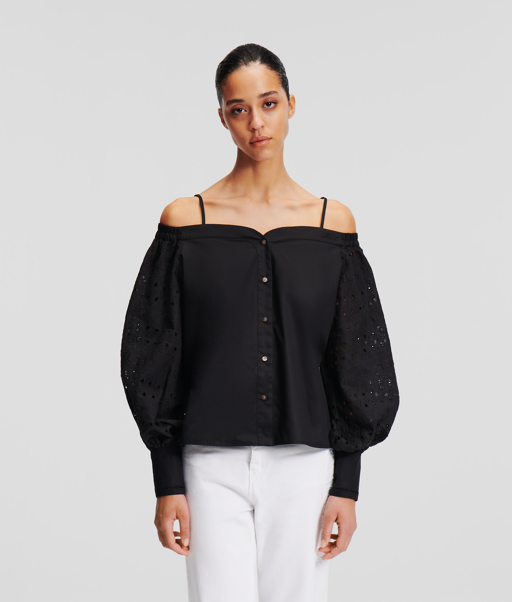 Karl Lagerfeld, Broderie Anglaise Off-shoulder Shirt, Woman, Black, Size: 14