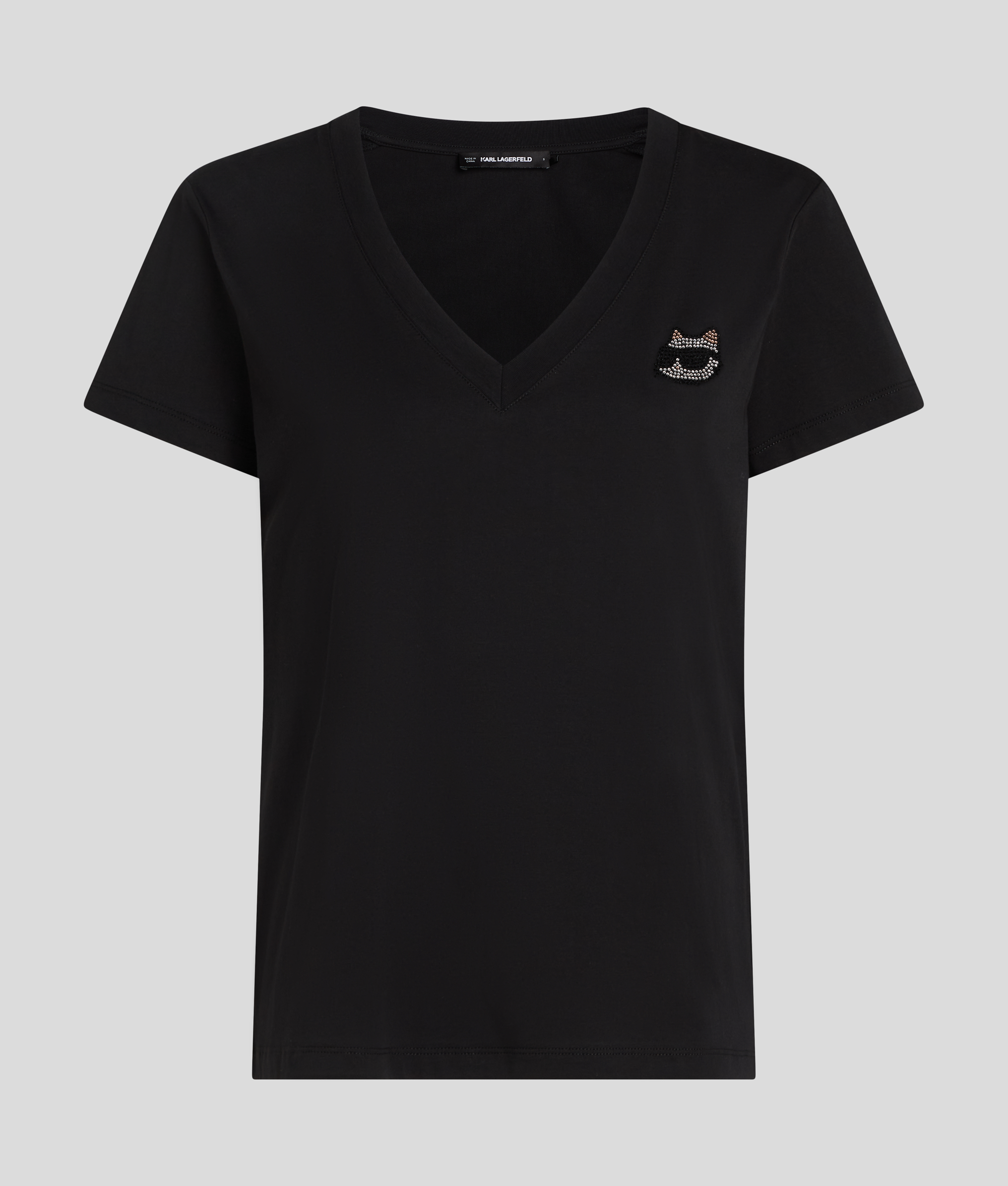 Karl Lagerfeld Rhinestone Ikon Choupette V-neck T-shirt In Black